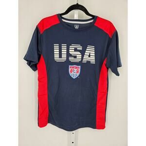 USA Women's Soccer Logo Polyester Red Blue Short Sleeve Crew Neck T-Shirt Size M